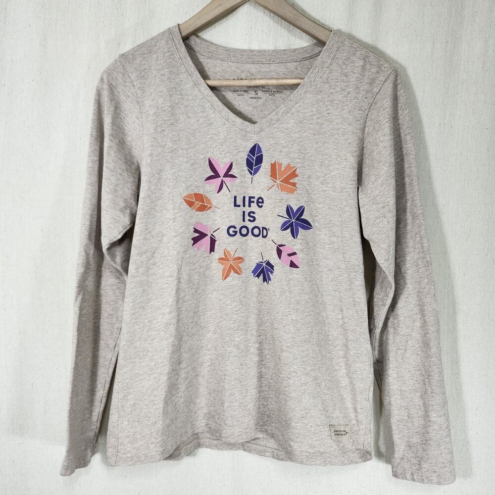 Life is Good Crusher Tee Shirt Long Sleeve Colorful Leaves Tan V-Neck Women's Sm